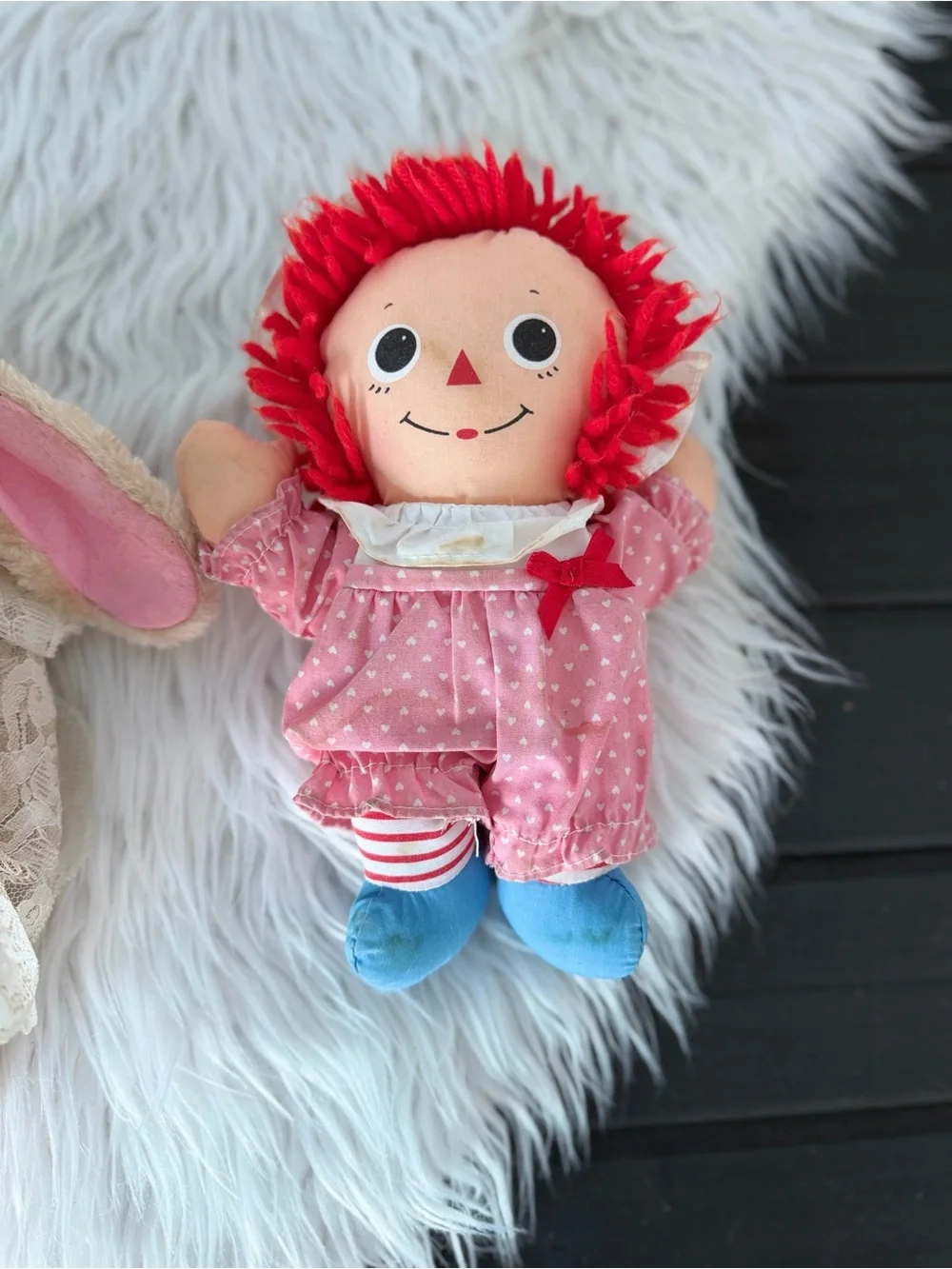 Vintage Plush Bunny in Ivory Lace Dress & Pink Rag Doll Pair - Soft Kids Toys
